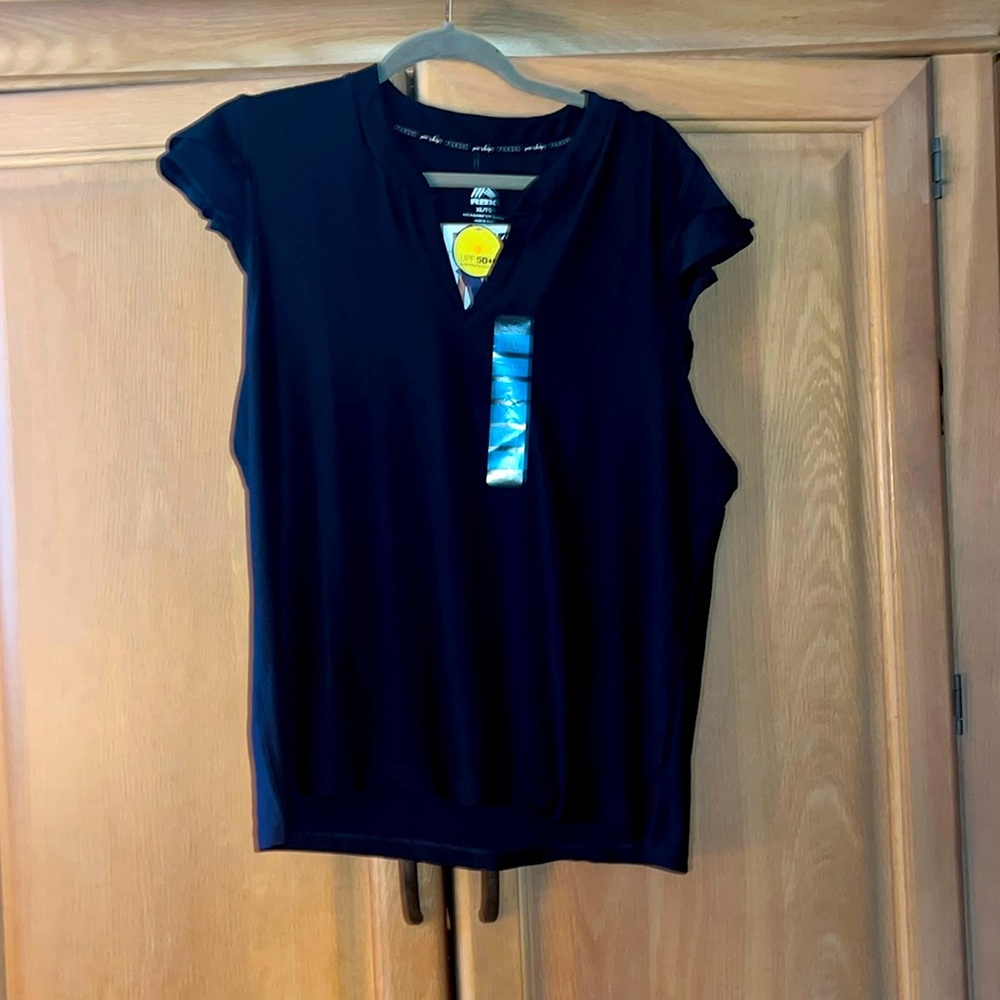 RBX flutter sleeve split neck top, UPF 50+, new with tags, xl, navy blue